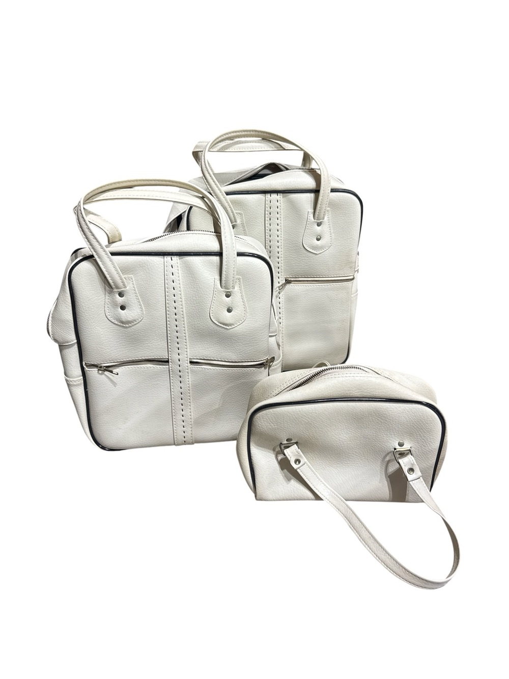 Vintage Faux Leather Eggshell Vinyl Three Piece Carry On Travel Bags Luggage Bag